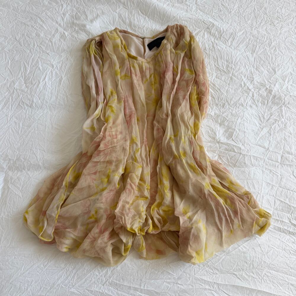 Zara Sheer Yellow Pink Floral Print Chiffon Blouse Size M